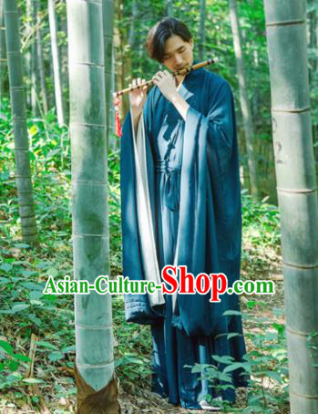 Chinese Ancient Traditional Han Dynasty Blue Wide Sleeve Robe Scholar Swordsman Costumes for Men