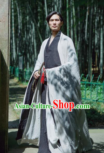 Chinese Ancient Traditional Han Dynasty Grey Wide Sleeve Cloak Scholar Swordsman Costumes for Men