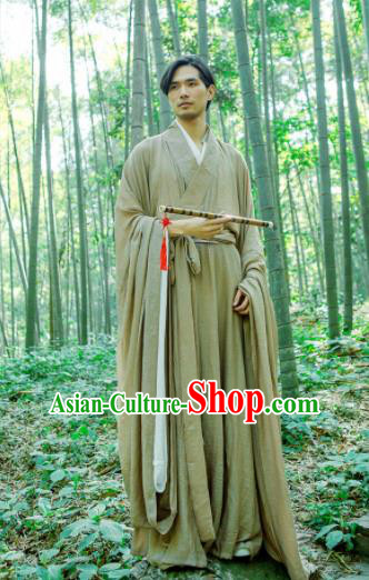 Chinese Ancient Traditional Han Dynasty Khaki Wide Sleeve Robe Scholar Swordsman Costumes for Men