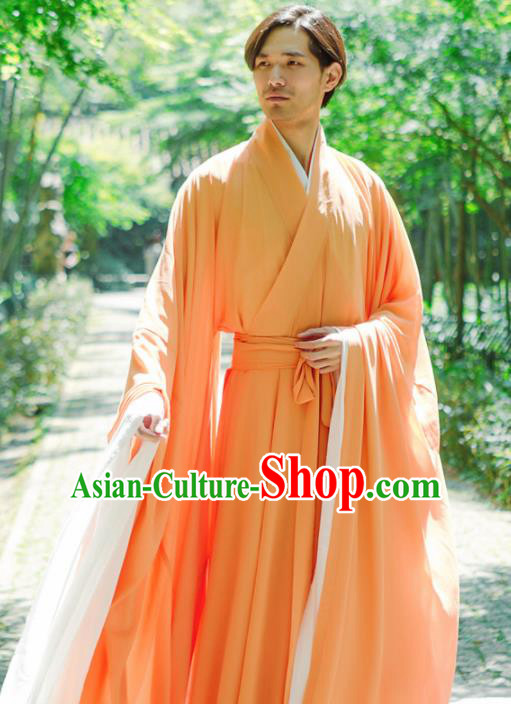Chinese Ancient Traditional Jin Dynasty Orange Straight-Front Robe Scholar Swordsman Costumes for Men