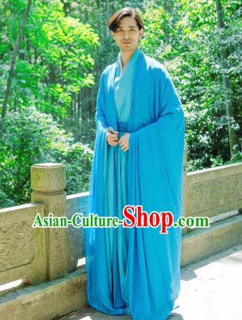 Chinese Ancient Traditional Jin Dynasty Swordsman Costumes Scholar Blue Cloak for Men
