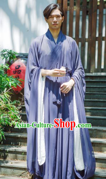 Chinese Ancient Traditional Jin Dynasty Swordsman Costumes Scholar Navy Straight-Front Robe for Men
