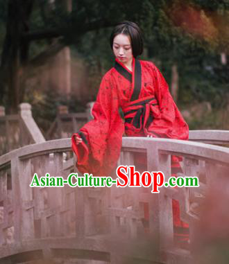 Traditional Chinese Han Dynasty Princess Costume Ancient Red Curving-Front Robe for Women