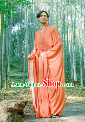 Chinese Ancient Traditional Han Dynasty Orange Wide Sleeve Robe Scholar Swordsman Costumes for Men