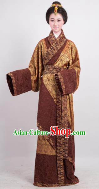 Traditional Chinese Han Dynasty Countess Golden Curving-Front Robe Ancient Palace Lady Costume for Women