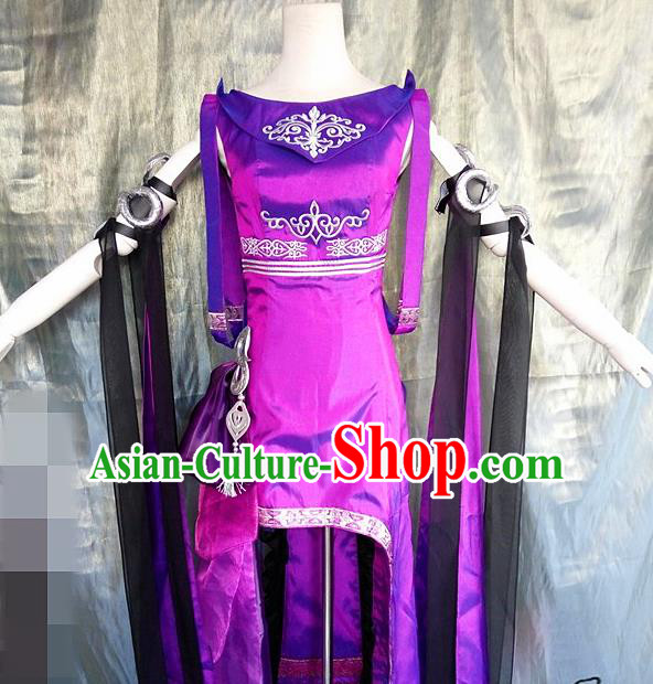 Asian Chinese Cosplay Costume Ancient Swordswoman Purple Dress for Women