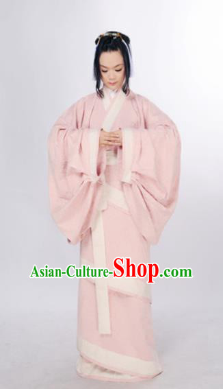 Traditional Chinese Han Dynasty Marquise Costume Ancient Palace Lady Pink Curving-Front Robe for Women
