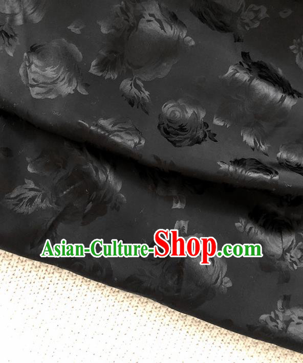 Asian Chinese Traditional Fabric Classical Rose Pattern Black Brocade Cheongsam Cloth Silk Fabric