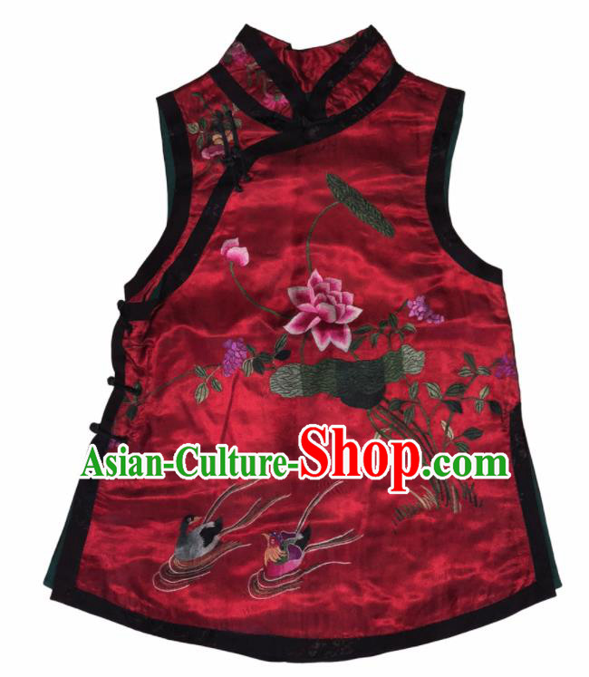 Traditional Chinese Handmade Embroidered Mandarin Duck Lotus Costume Tang Suit Slant Opening Vest for Women