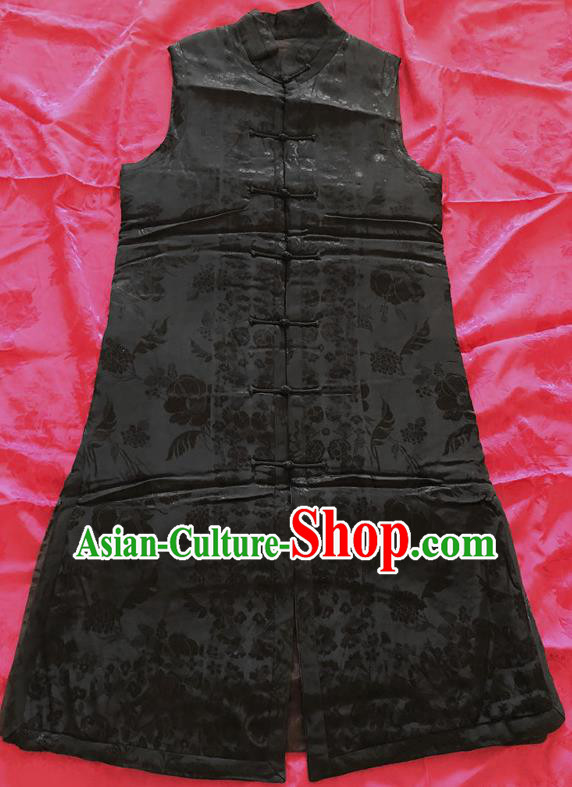 Traditional Chinese Handmade Costume Tang Suit Waistcoat Embroidered Black Brocade Vest for Women