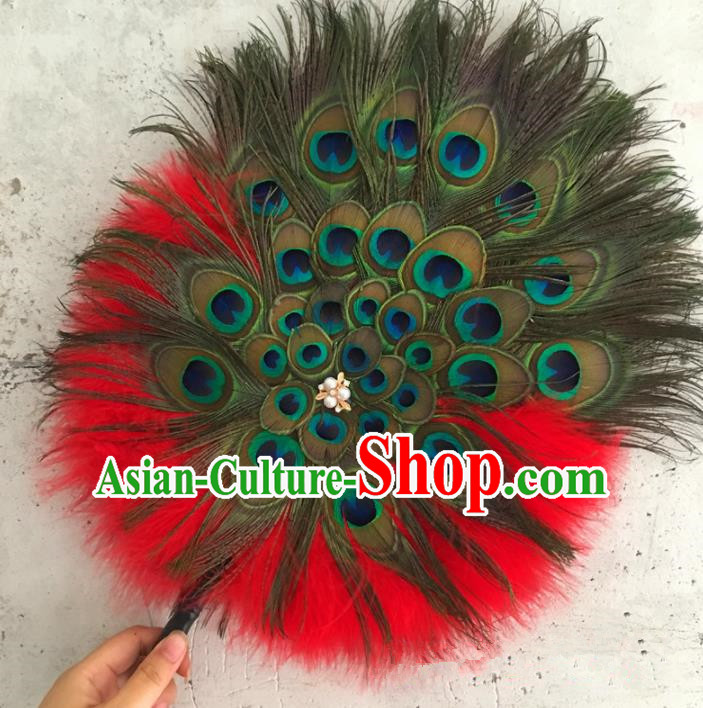 Traditional Chinese Crafts Feather Fan China Folk Dance Bride Red Peacock Feather Fans