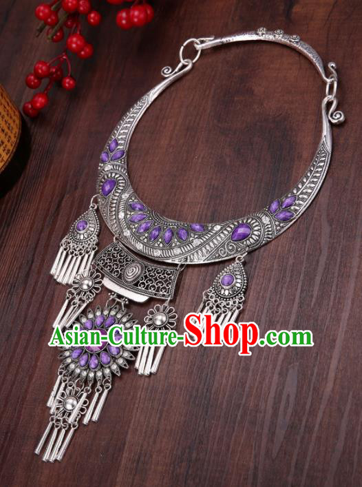 Chinese Traditional Jewelry Accessories Miao Minority Tassel Purple Necklace for Women
