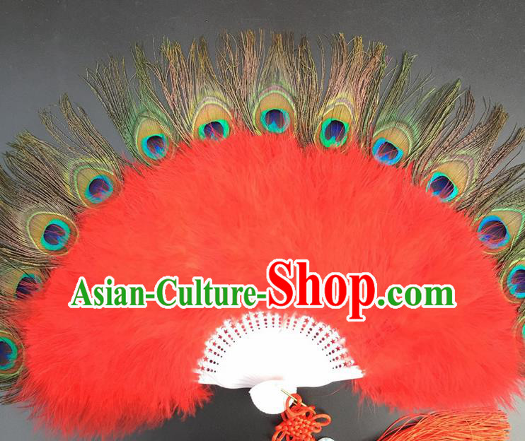Traditional Chinese Crafts Peacock Feather Folding Fan China Folk Dance Red Feather Fans