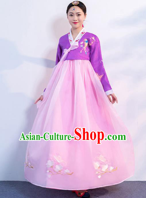 Top Grade Korean Traditional Costumes Asian Korean Hanbok Bride Purple Blouse and Pink Skirt for Women