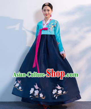 Top Grade Korean Traditional Costumes Asian Korean Hanbok Bride Blue Blouse and Navy Skirt for Women