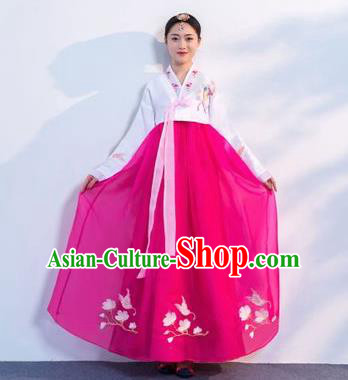 Top Grade Korean Traditional Costumes Asian Korean Hanbok Bride White Blouse and Rosy Skirt for Women