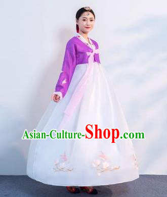 Top Grade Korean Traditional Costumes Asian Korean Hanbok Bride Purple Blouse and White Skirt for Women