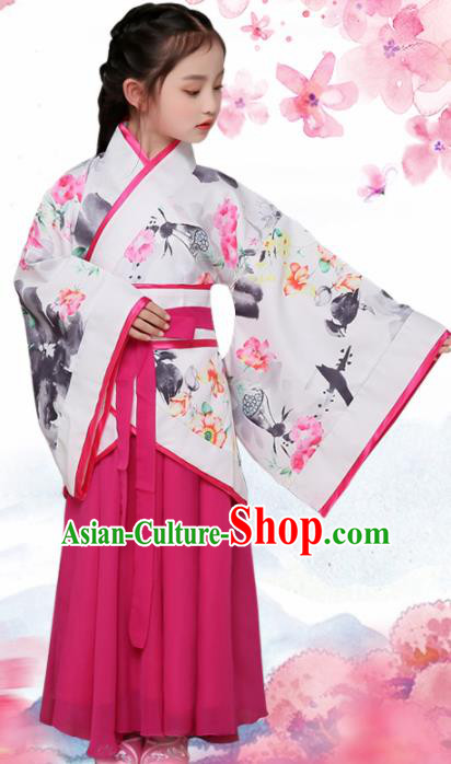 Chinese Han Dynasty Princess Costume Ancient Young Lady Printing Lotus Hanfu Clothing for Kids