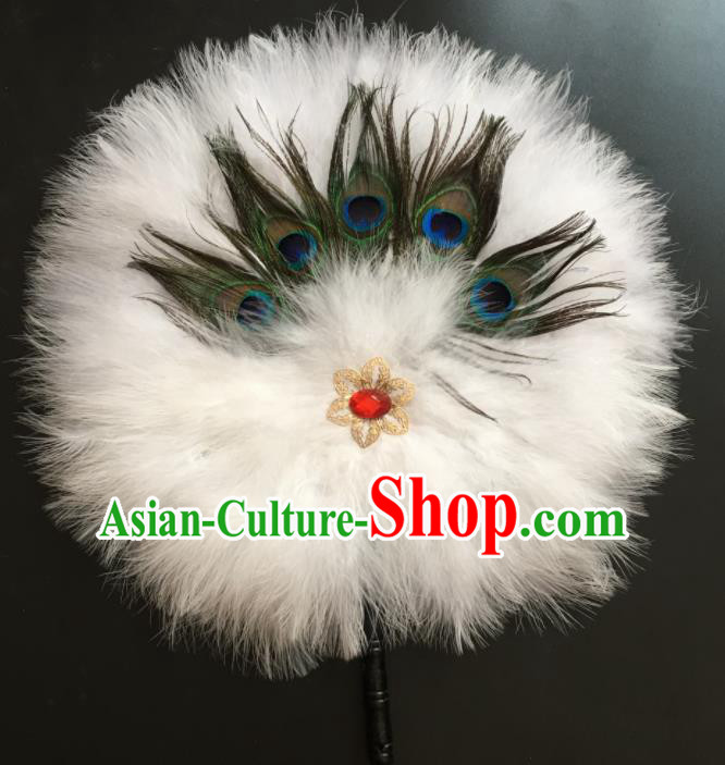 Traditional Chinese Crafts White Feather Palace Fan China Round Dance Feather Fans