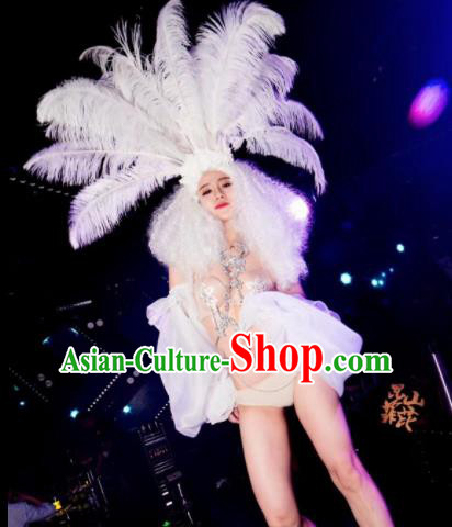 Professional Stage Performance Costume Halloween Cosplay Mermaid White Clothing and Feather Headwear for Women