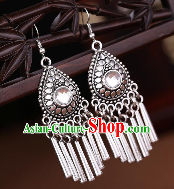 Chinese Traditional Jewelry Accessories Miao Minority Wedding Sliver Tassel Earrings for Women