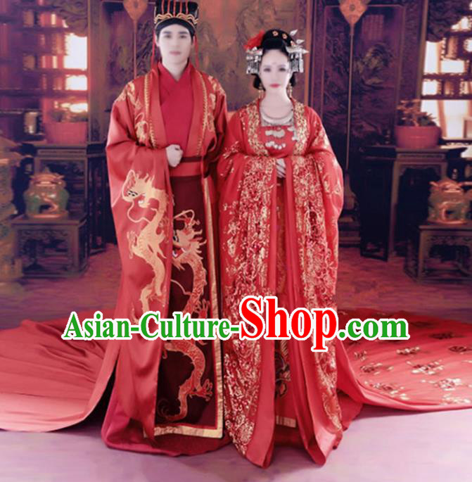 Chinese Ancient Tang Dynasty Emperor and Empress Embroidered Wedding Costumes Complete Set