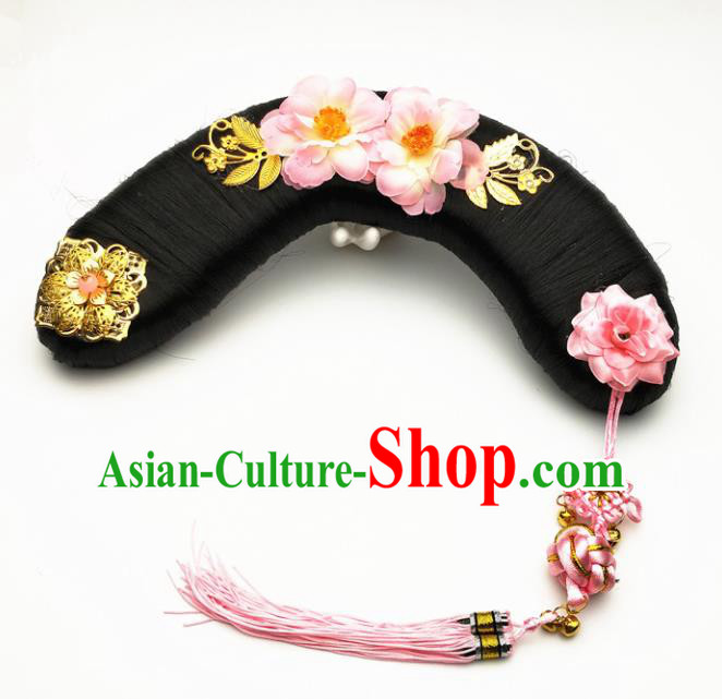 Chinese Ancient Qing Dynasty Princess Hair Accessories Palace Lady Pink Flowers Hairpins and Wigs for Kids