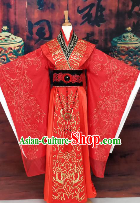 Chinese Han Dynasty Queen Wedding Embroidered Costume Ancient Empress Red Hanfu Dress for Women