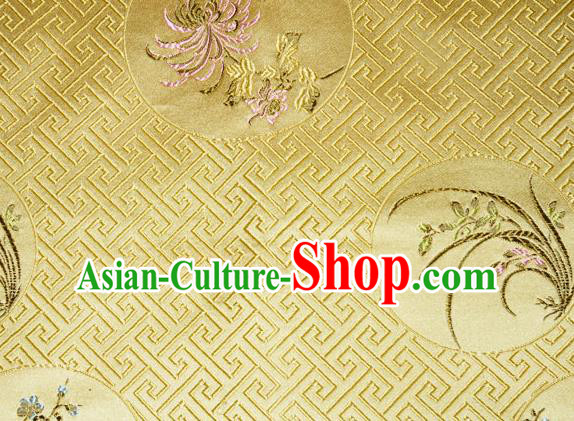 Chinese Traditional Silk Fabric Plum Blossom Orchid Bamboo Chrysanthemum Pattern Tang Suit Yellow Brocade Cloth Cheongsam Material Drapery