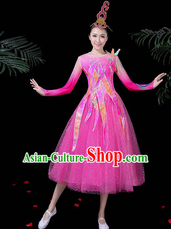 Professional Modern Dance Costume Chorus Folk Dance Pink Veil Dress for Women