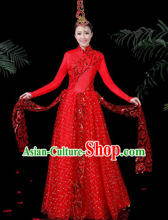 Chinese Classical Dance Costume Traditional Folk Dance Red Dress for Women