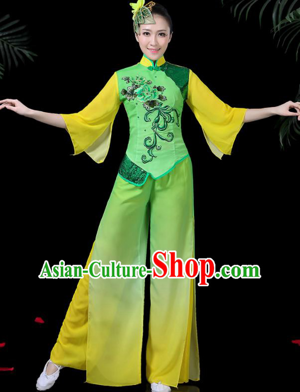 Chinese Classical Umbrella Dance Green Costume Traditional Folk Dance Yangko Clothing for Women