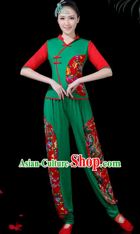 Chinese Classical Fan Dance Green Costume Traditional Folk Dance Yangko Clothing for Women