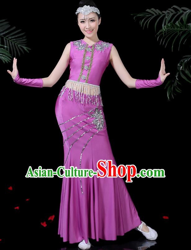 Chinese Traditional Classical Peacock Dance Purple Dress Dai Minority Folk Dance Costume for Women