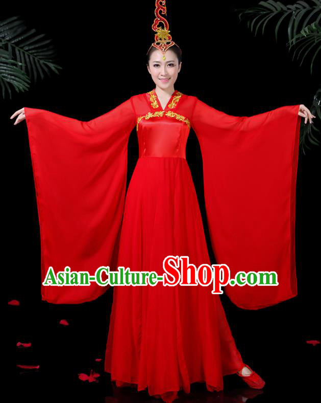 Chinese Ancient Classical Dance Red Hanfu Dress Traditional Folk Dance Fan Dance Clothing for Women