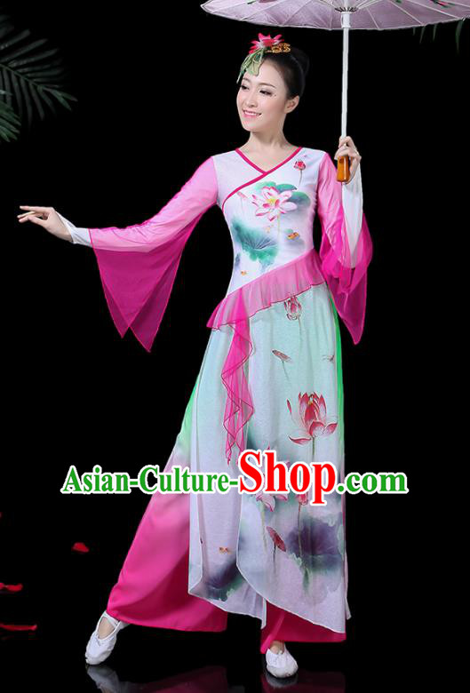 Chinese Classical Dance Printing Lotus Pink Dress Traditional Folk Dance Fan Dance Clothing for Women
