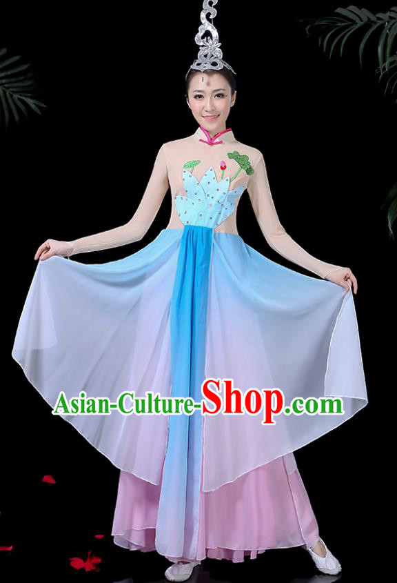 Chinese Classical Dance Lotus Dance Blue Dress Traditional Folk Dance Fan Dance Clothing for Women