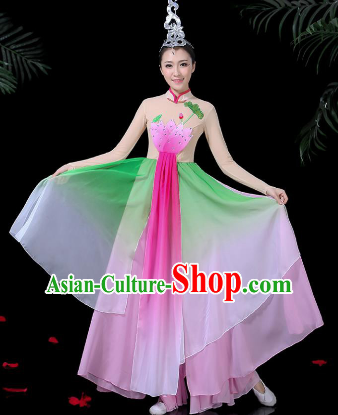 Chinese Classical Dance Lotus Dance Pink Dress Traditional Folk Dance Fan Dance Clothing for Women