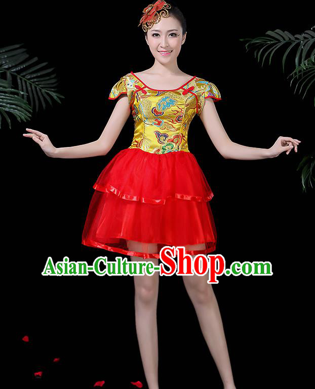 Chinese Classical Dance Drum Dance Yellow Dress Traditional Folk Dance Fan Dance Clothing for Women
