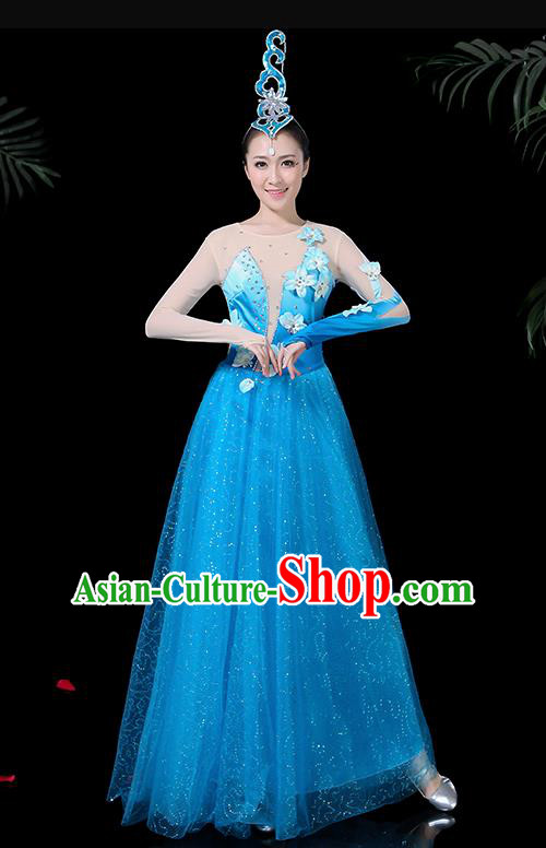 Chinese Classical Dance Blue Long Dress Traditional Folk Dance Fan Dance Clothing for Women