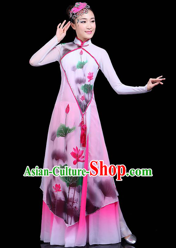 Traditional Fan Dance Ink Painting Lotus Pink Dress Chinese Classical Dance Umbrella Dance Costume for Women