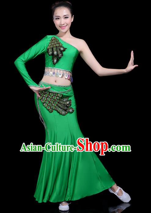 Chinese Traditional Peacock Dance Green Dress Dai Minority Folk Dance National Costume for Women
