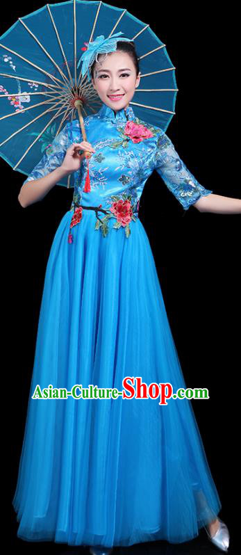 Professional Dance Modern Dance Costume Stage Performance Chorus Blue Veil Dress for Women