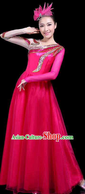 Professional Dance Modern Dance Costume Stage Performance Chorus Rosy Long Dress for Women