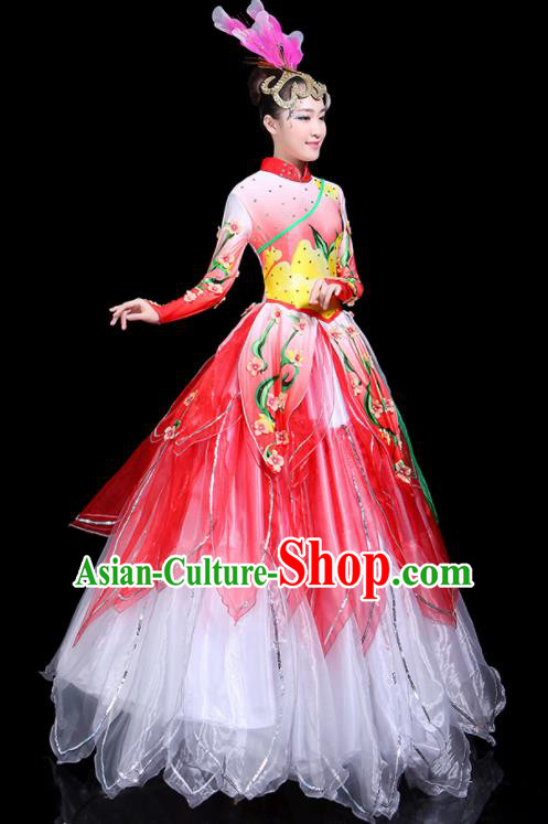 Traditional Classical Dance Umbrella Dance Red Dress Chinese Folk Dance Peony Costume for Women