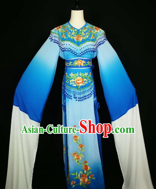 Chinese Traditional Beijing Opera Diva Embroidered Peony Royalblue Dress Peking Opera Princess Costume for Adults