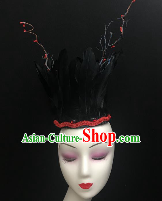 Top Brazilian Carnival Stage Show Headpiece Royal Crown Halloween Catwalks Black Feather Hair Accessories for Women
