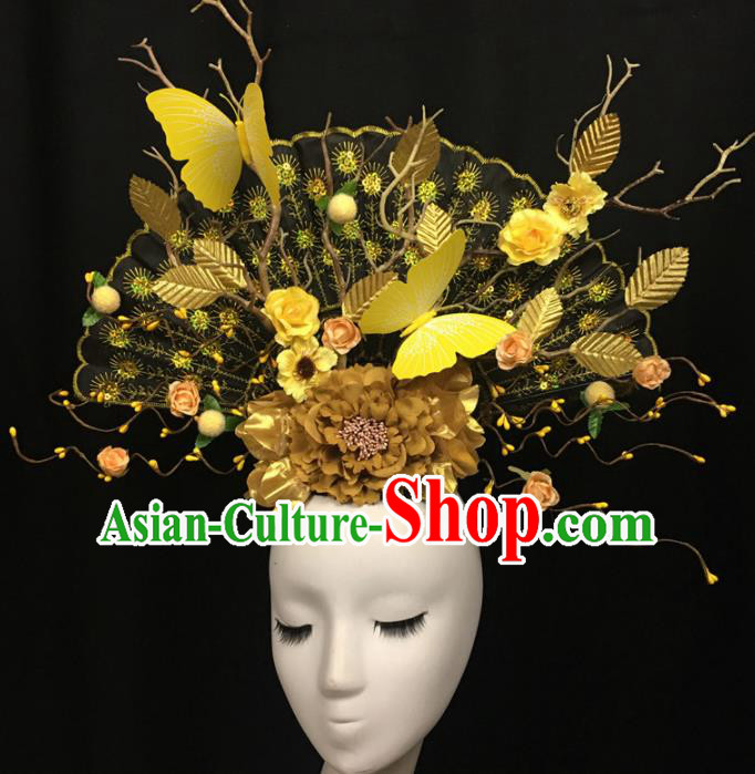 Chinese Stage Show Yellow Butterfly Peony Hair Accessories Traditional Catwalks Palace Headdress for Women