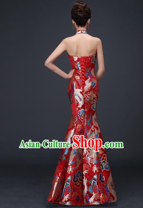 Chinese Traditional Elegant Red Qipao Dress Classical Costume Dragons Cheongsam for Women
