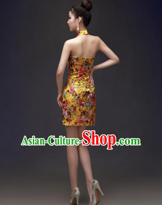 Chinese Traditional Yellow Short Qipao Dress Classical Costume Elegant Cheongsam for Women